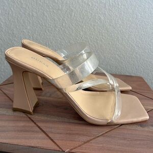 Guess high heel mules. Tan with Clear top. Size 10